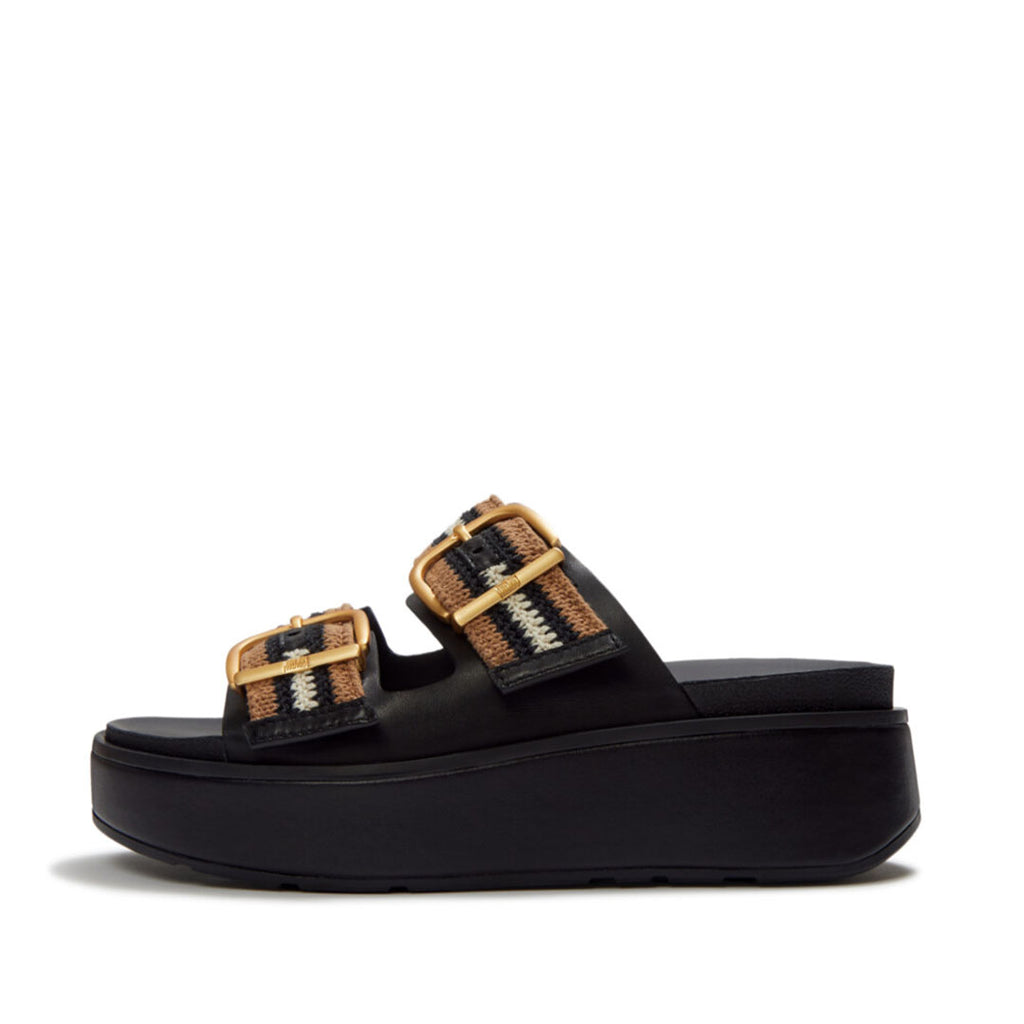 FitFlop GEN-FF Max Buckle Stripe-Webbing Two-Bar Slides featuring striped webbing straps, adjustable fastenings and a chunky cushioned flatform sole.