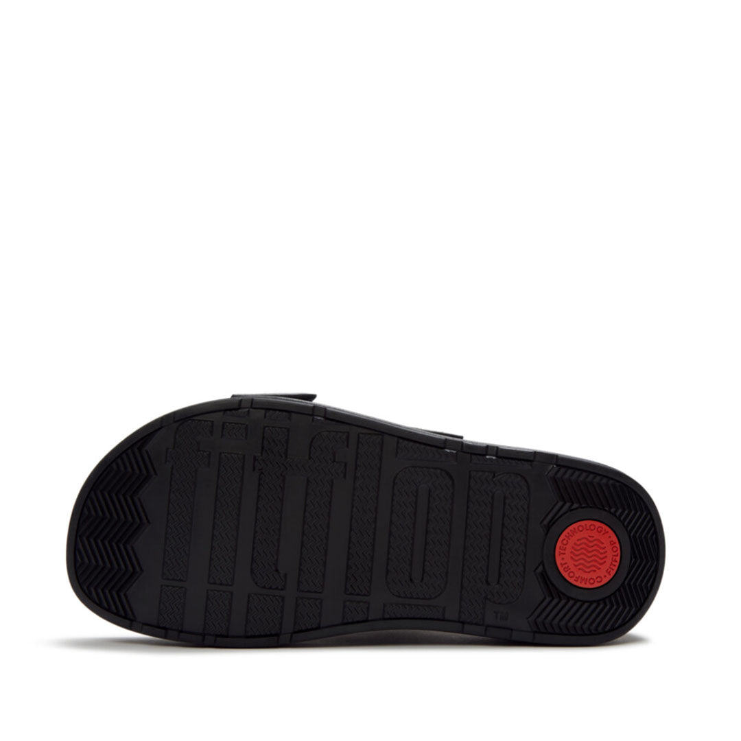FitFlop GEN-FF Max Stripe-Webbing Two-Bar Slides featuring a chunky flatform sole with advanced Microwobbleboard™ cushioning.