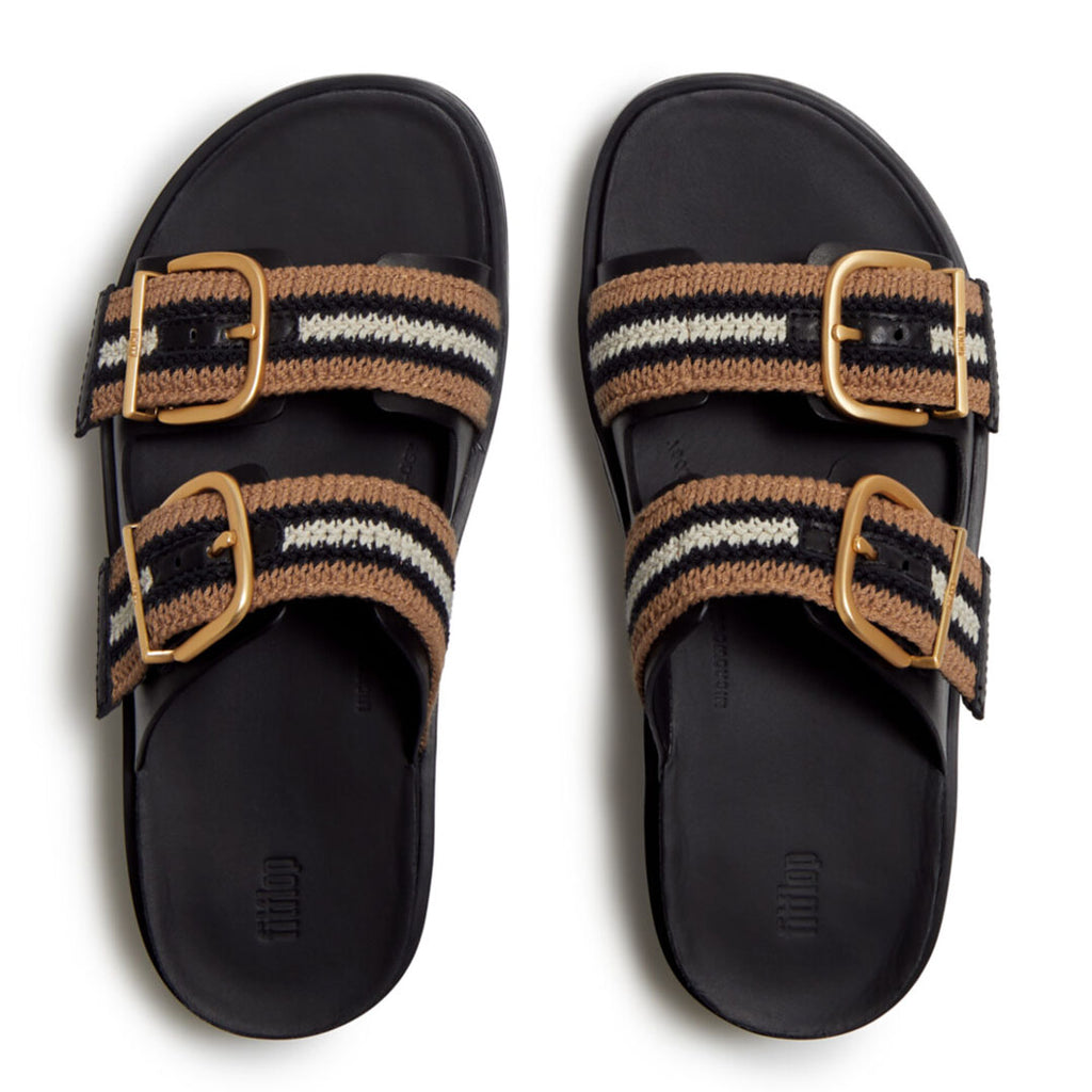 Top view of FitFlop GEN-FF Max Stripe-Webbing Two-Bar Slides highlighting the two-bar design, striped webbing straps and contoured footbed.