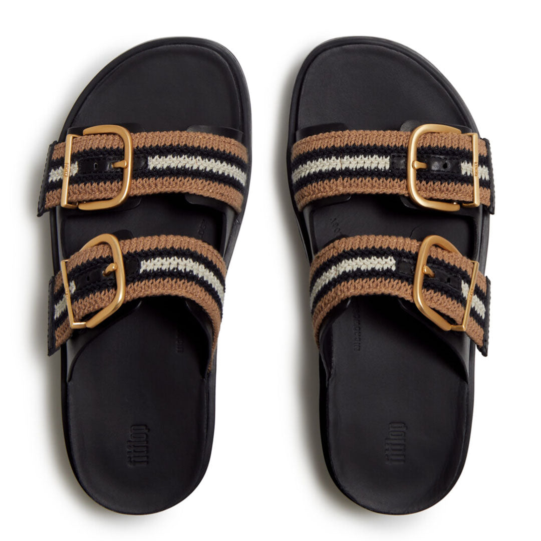 Top view of FitFlop GEN-FF Max Stripe-Webbing Two-Bar Slides highlighting the two-bar design, striped webbing straps and contoured footbed.