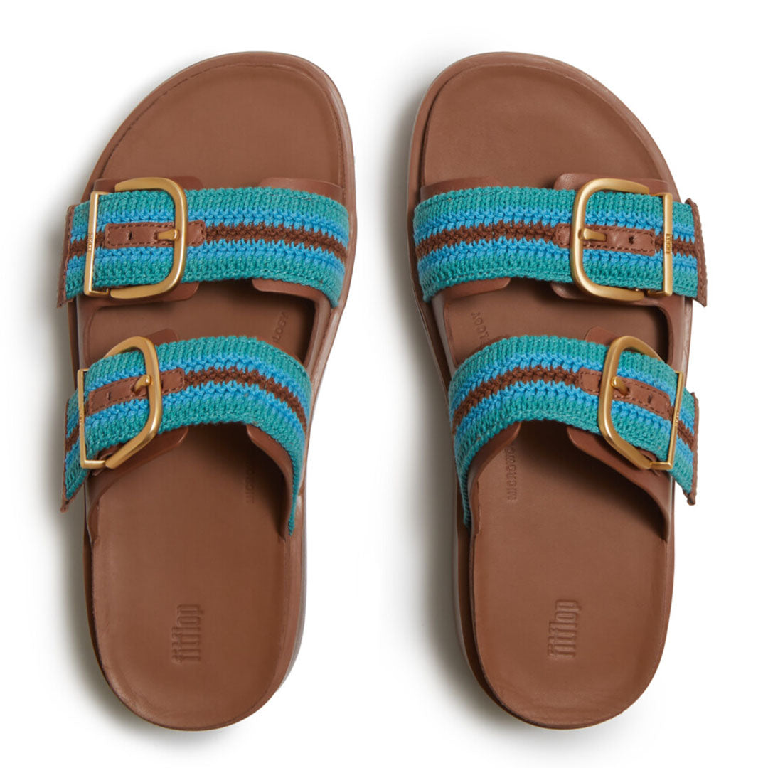 Top view of FitFlop GEN-FF Max Stripe-Webbing Two-Bar Slides highlighting the two-bar design, striped webbing straps and contoured footbed.