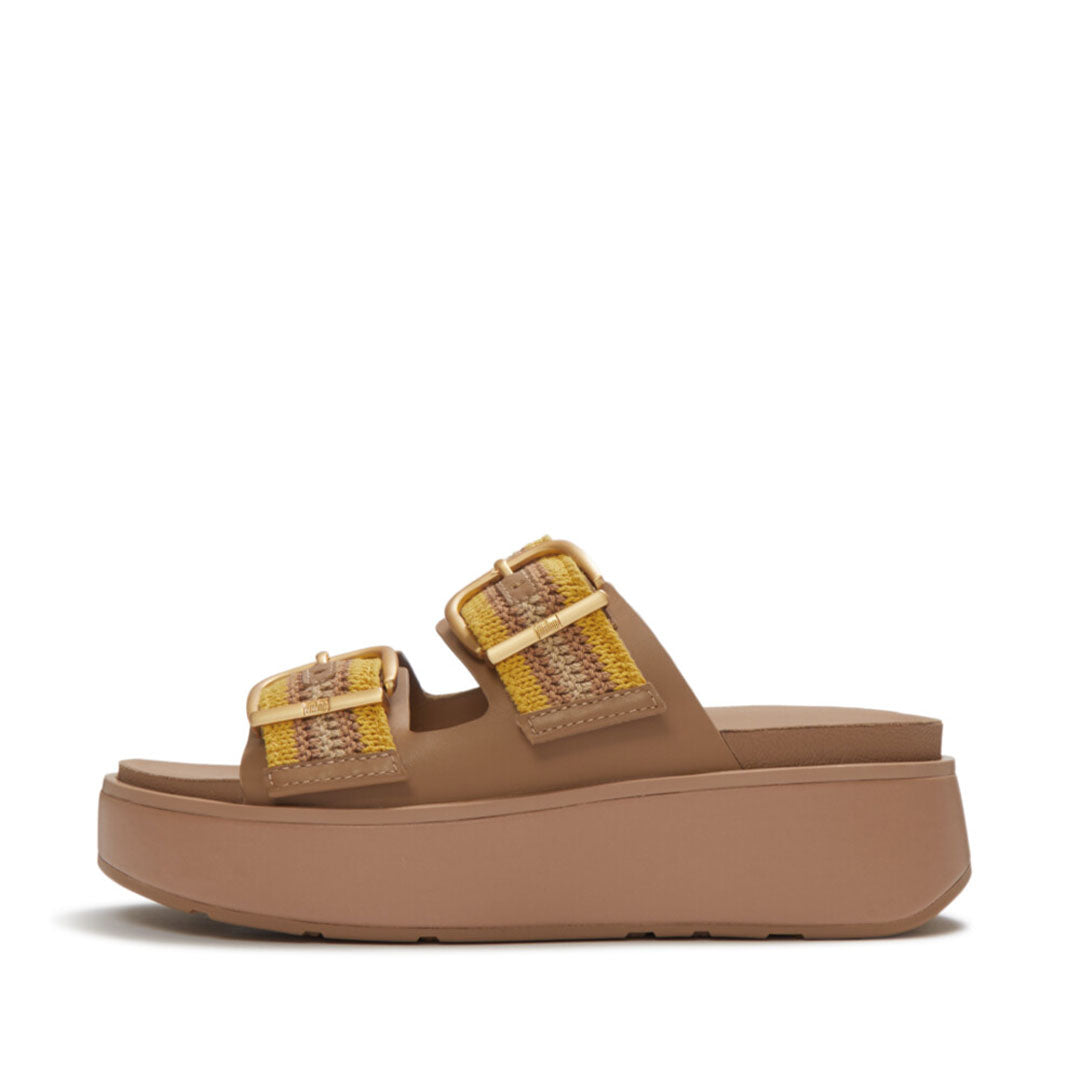 FitFlop GEN-FF Max Buckle Stripe-Webbing Two-Bar Slides featuring striped webbing straps, adjustable fastenings and a chunky cushioned flatform sole.