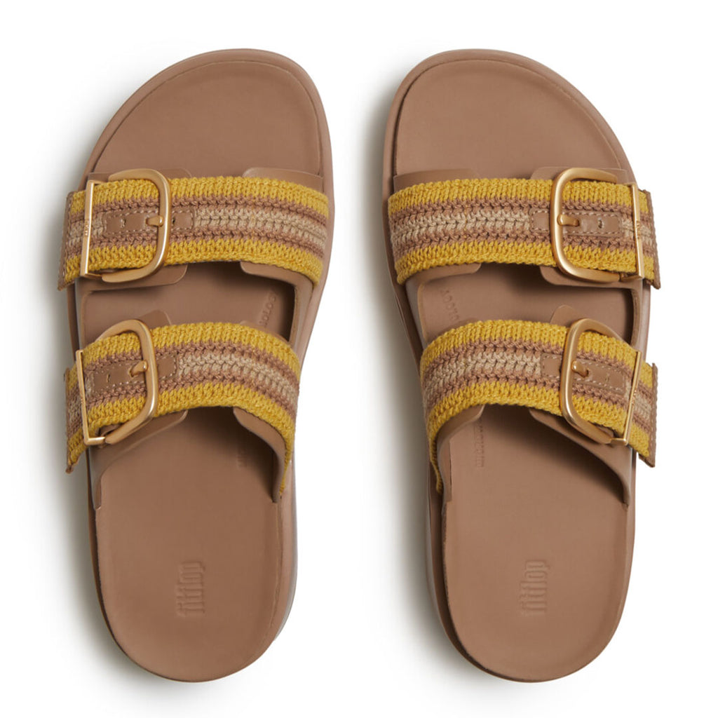 Top view of FitFlop GEN-FF Max Stripe-Webbing Two-Bar Slides highlighting the two-bar design, striped webbing straps and contoured footbed.
