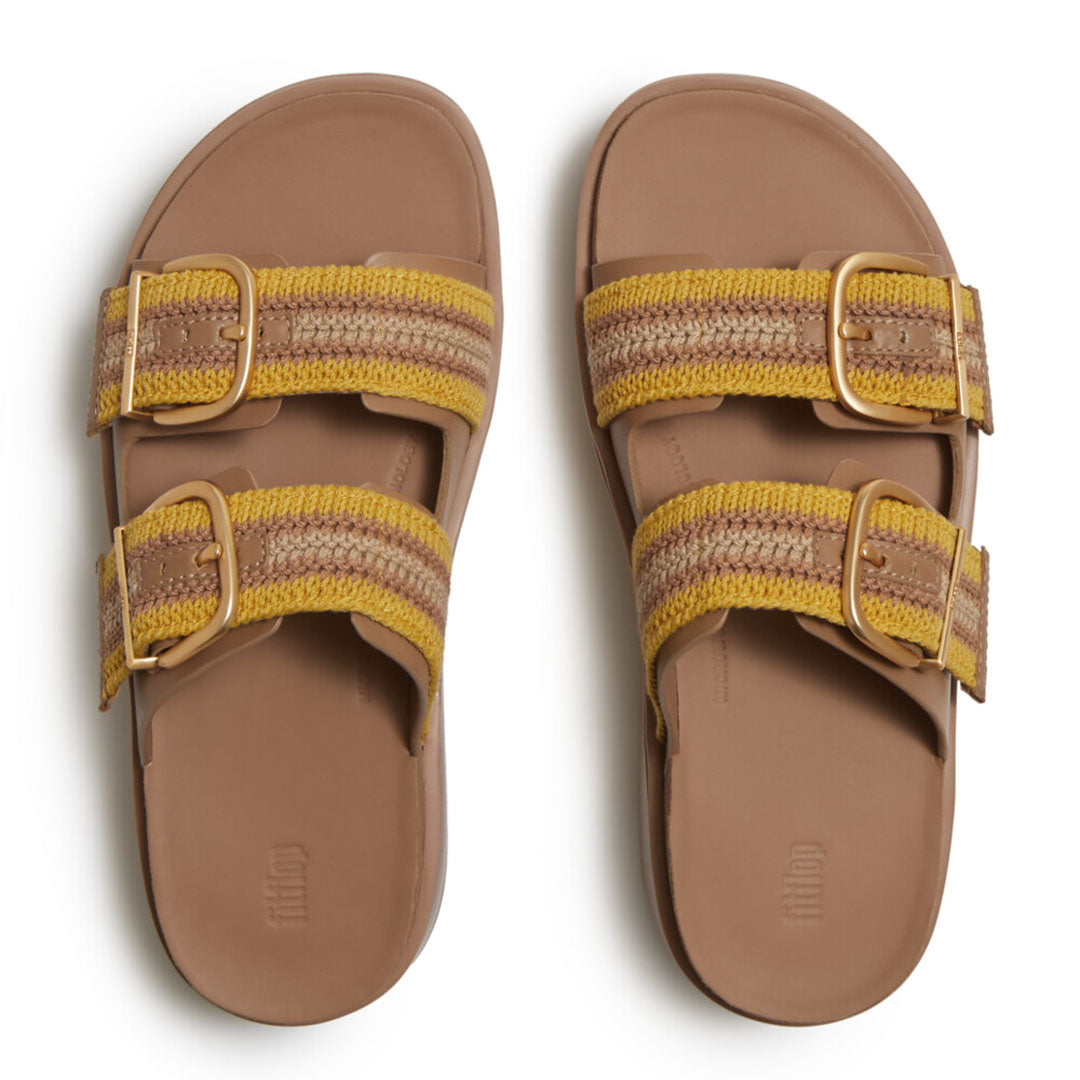 Top view of FitFlop GEN-FF Max Stripe-Webbing Two-Bar Slides highlighting the two-bar design, striped webbing straps and contoured footbed.