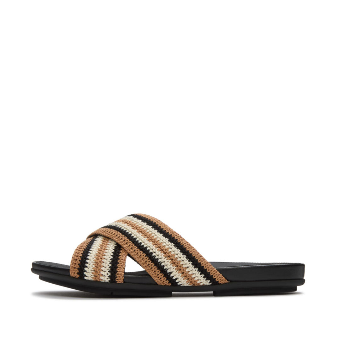 FitFlop GRACIE Stripe-Webbing Cross Slides featuring soft striped webbing, criss-cross straps and a slim Dynamicush™ cushioned sole.