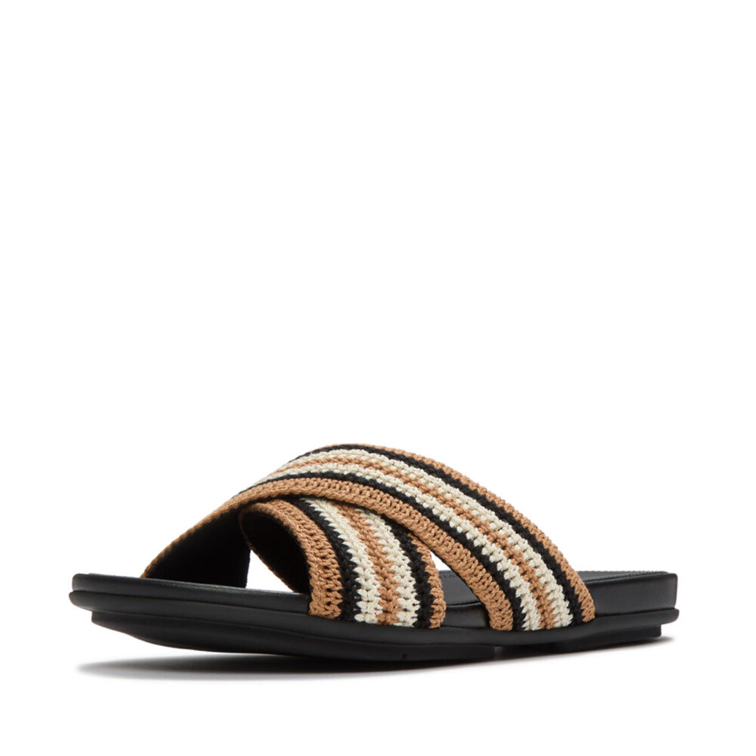 Front view of FitFlop GRACIE Stripe-Webbing Cross Slides featuring soft striped webbing straps in a secure crossover design.