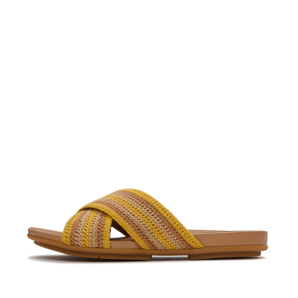 FitFlop GRACIE Stripe-Webbing Cross Slides featuring soft striped webbing, criss-cross straps and a slim Dynamicush™ cushioned sole.