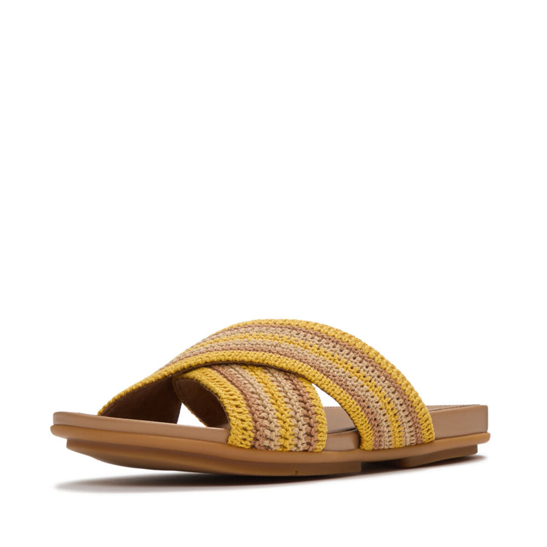 Front view of FitFlop GRACIE Stripe-Webbing Cross Slides featuring soft striped webbing straps in a secure crossover design.