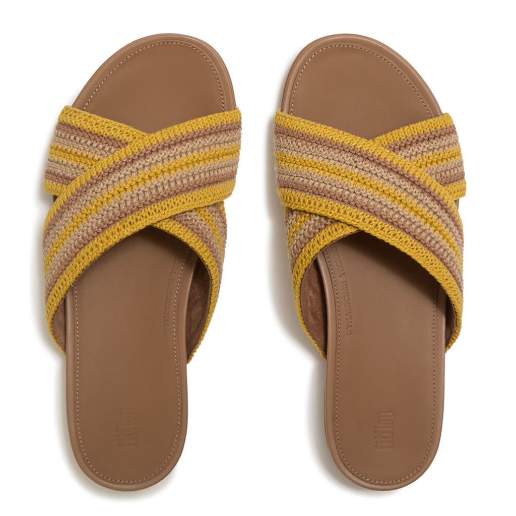 Top view of FitFlop GRACIE Stripe-Webbing Cross Slides highlighting the striped criss-cross straps and contoured footbed.