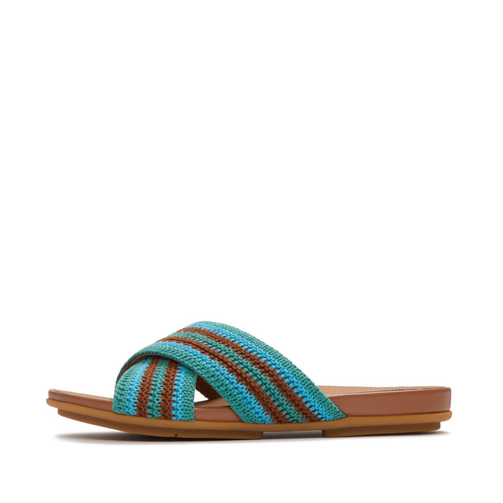 FitFlop GRACIE Stripe-Webbing Cross Slides featuring soft striped webbing, criss-cross straps and a slim Dynamicush™ cushioned sole.