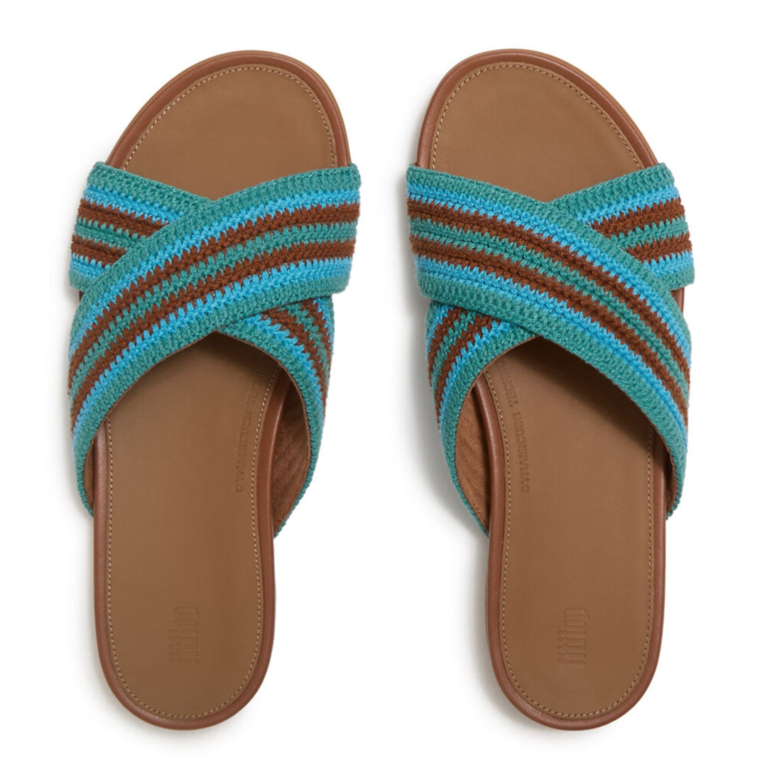 Top view of FitFlop GRACIE Stripe-Webbing Cross Slides highlighting the striped criss-cross straps and contoured footbed.
