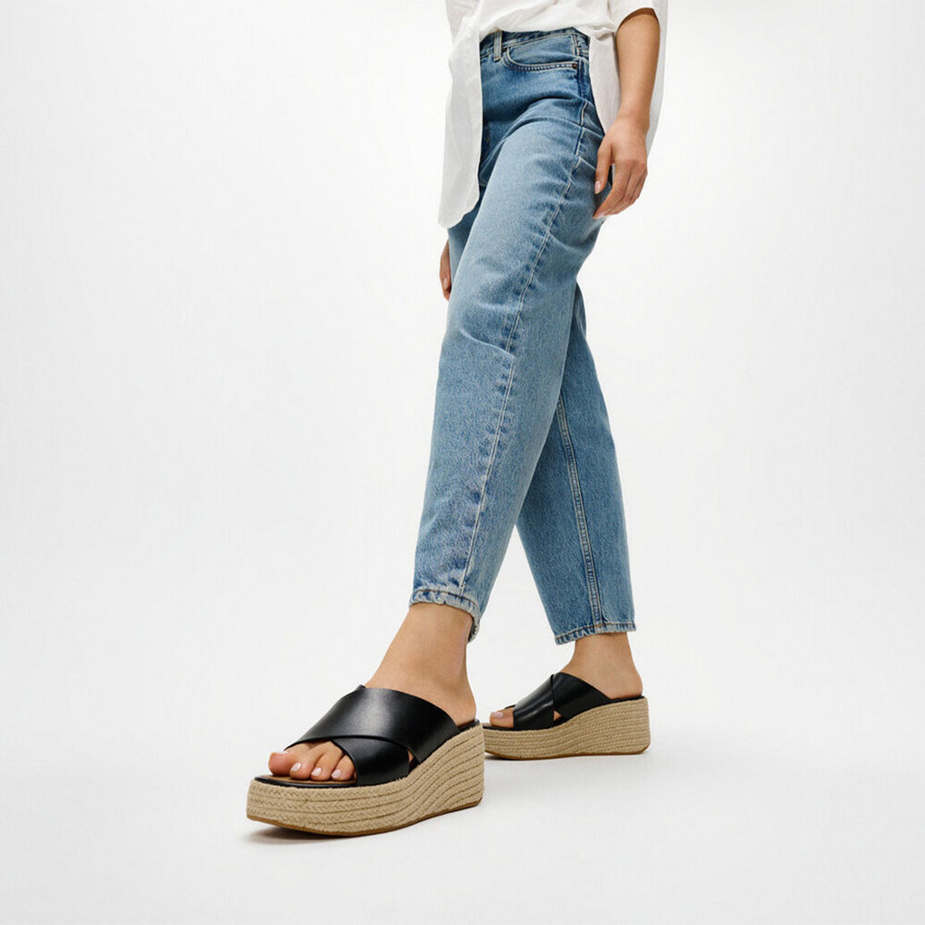 PLATFFORMS Espadrille Leather Wedge Cross Slides