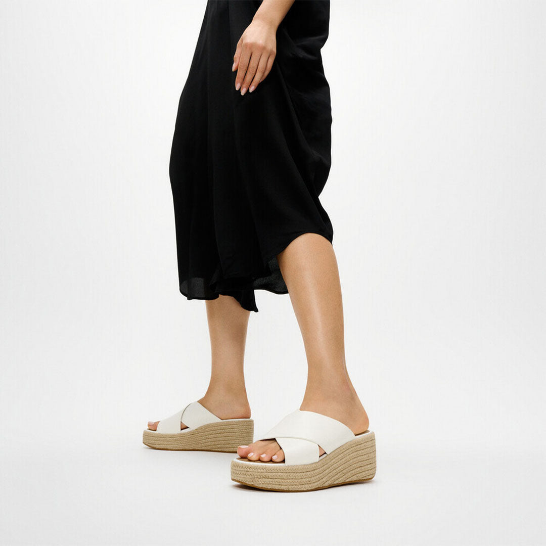 PLATFFORMS Espadrille Leather Wedge Cross Slides