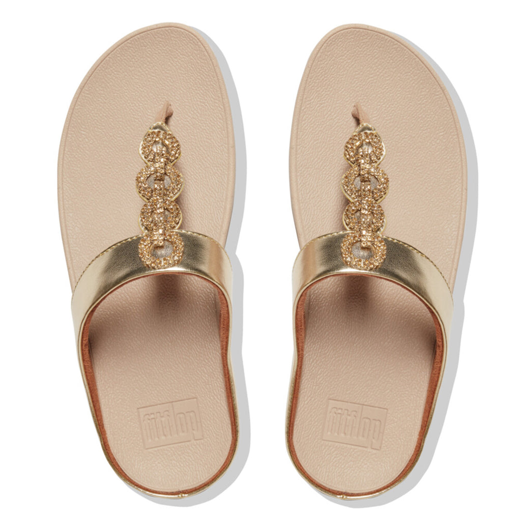 Our slinky Fino toe-post sandals, here adorned with a glittering, crystal-embellished chain.