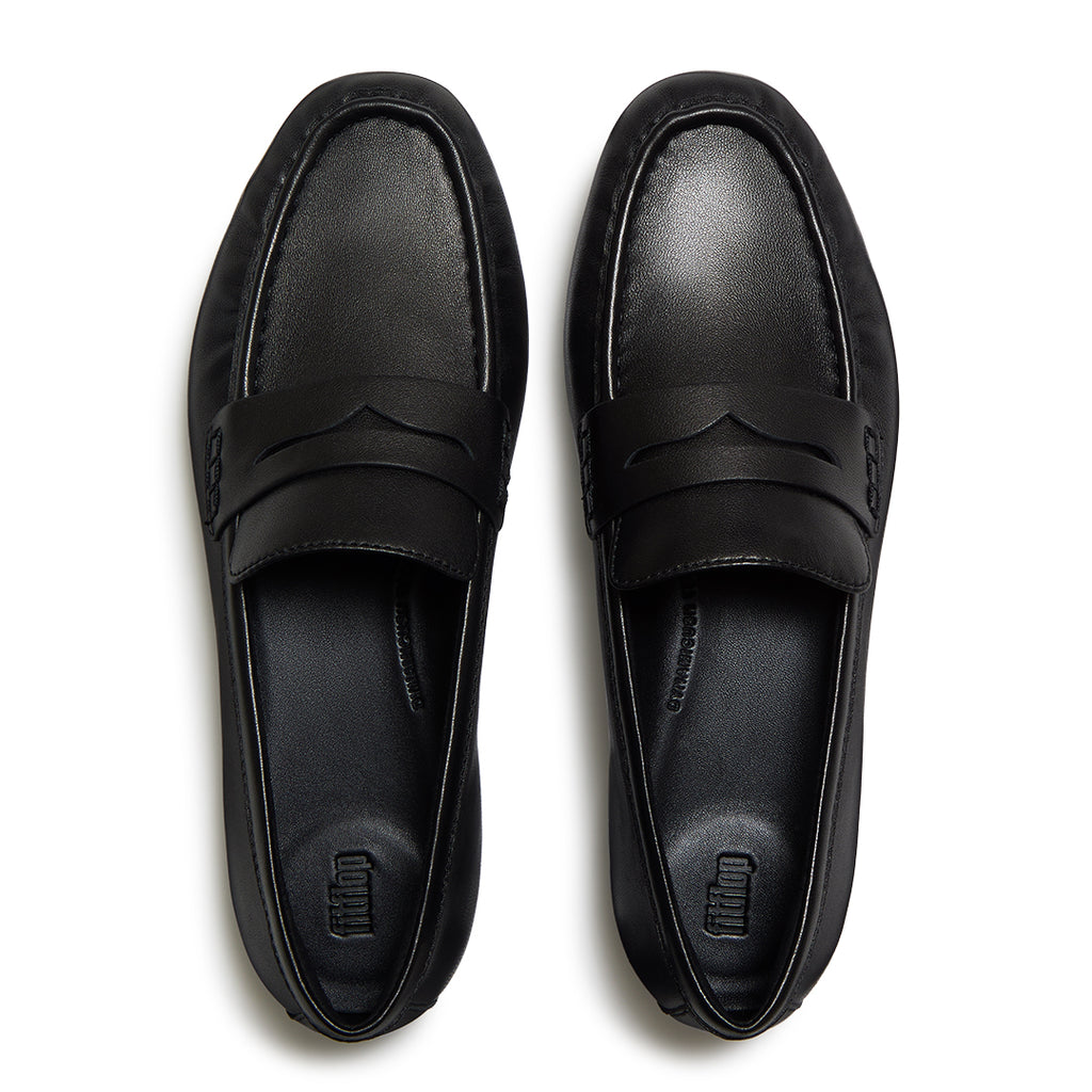 Top view of FitFlop DELICATO Leather Loafers highlighting the premium leather upper, penny strap, and contoured footbed.