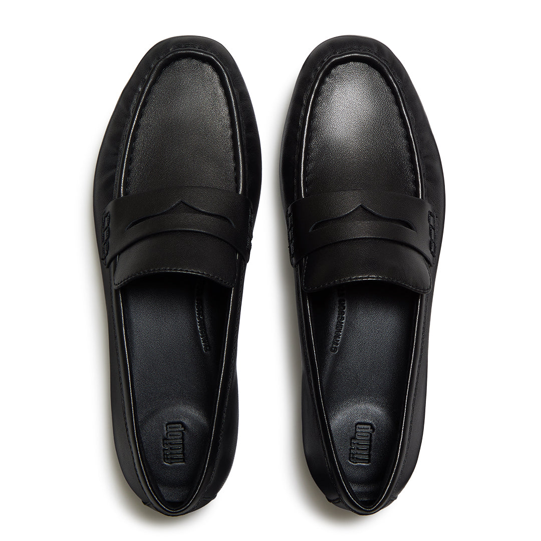 Top view of FitFlop DELICATO Leather Loafers highlighting the premium leather upper, penny strap, and contoured footbed.