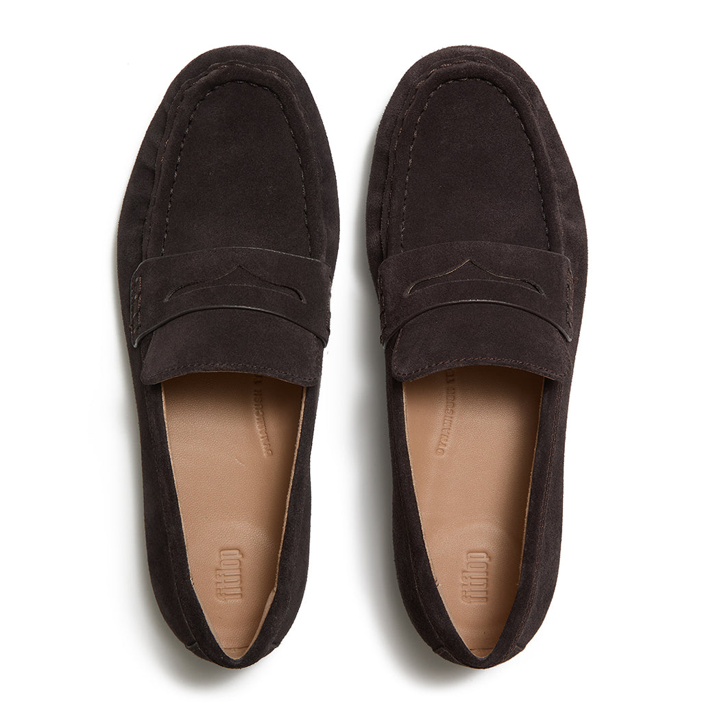 Top view of FitFlop DELICATO Suede Loafers highlighting the premium suede upper, penny strap, and contoured footbed.