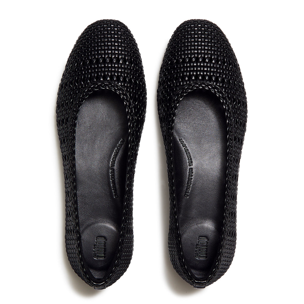 Top view of FitFlop DELICATO Woven PU Ballerinas highlighting the woven cut-out detailing, rounded toe, and contoured footbed.