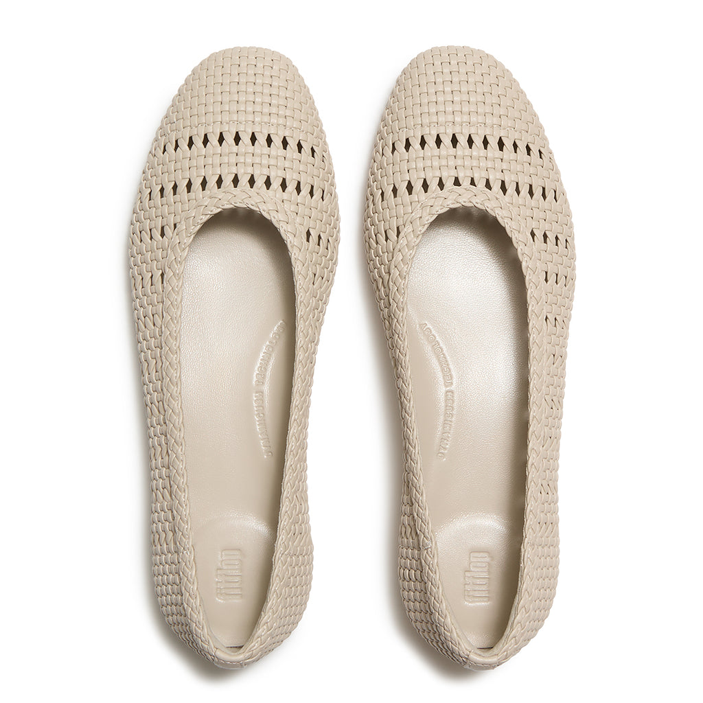 Top view of FitFlop DELICATO Woven PU Ballerinas highlighting the woven cut-out detailing, rounded toe, and contoured footbed.