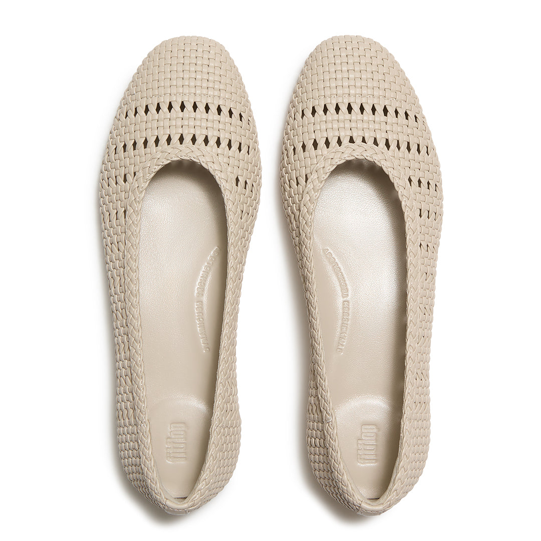 Top view of FitFlop DELICATO Woven PU Ballerinas highlighting the woven cut-out detailing, rounded toe, and contoured footbed.
