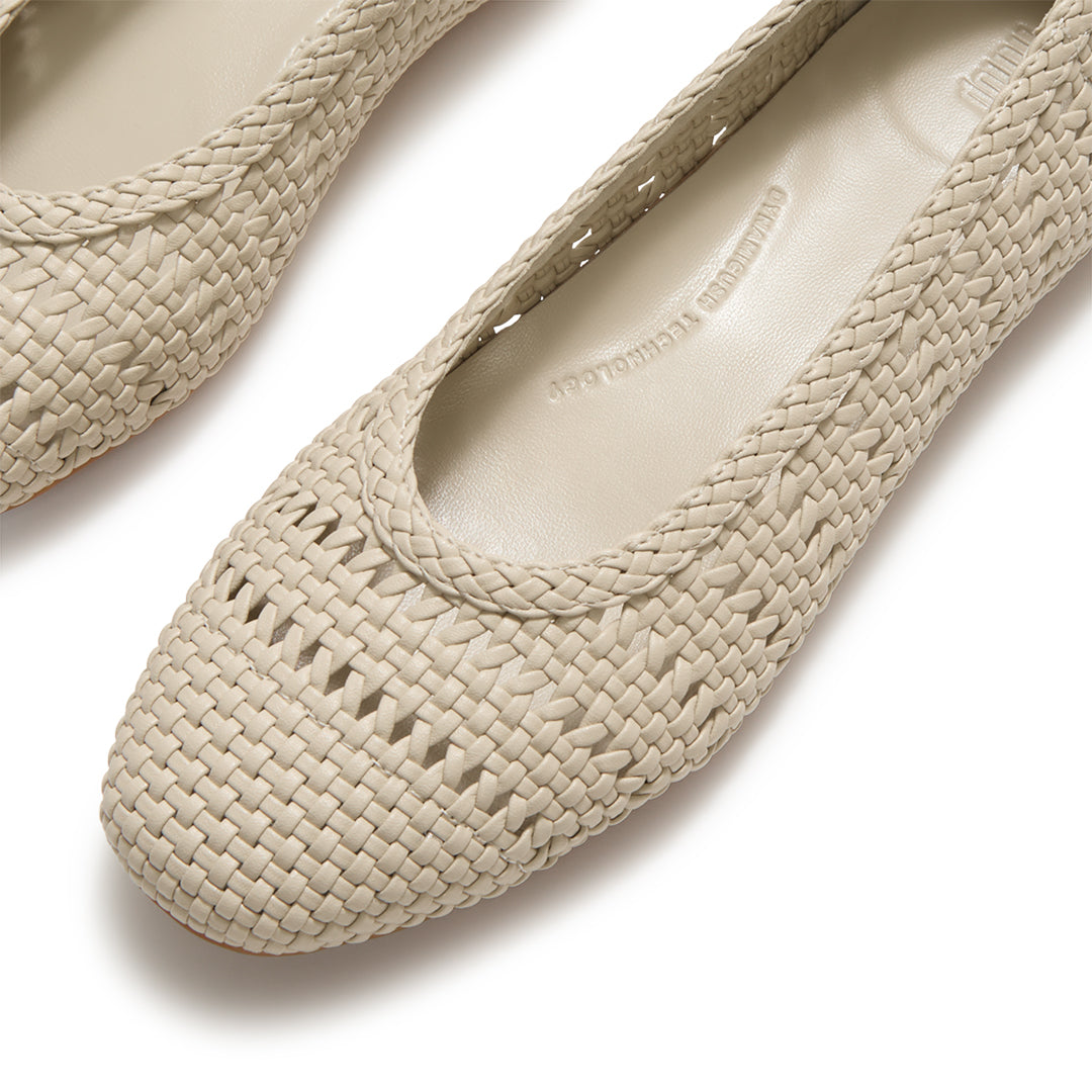 Close-up of FitFlop DELICATO Woven PU Ballerinas showcasing the woven faux-leather texture and refined craftsmanship.
