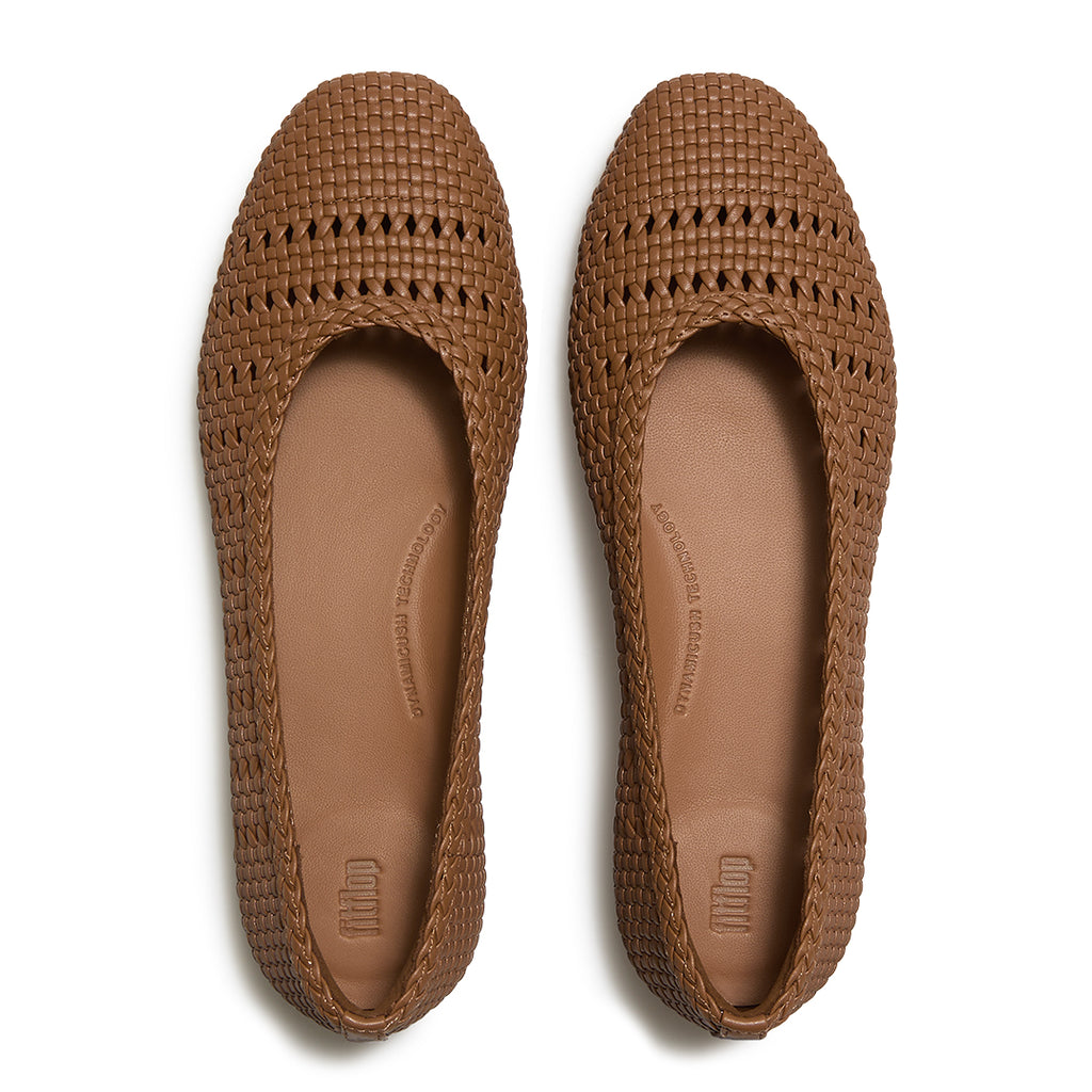 Top view of FitFlop DELICATO Woven PU Ballerinas highlighting the woven cut-out detailing, rounded toe, and contoured footbed.