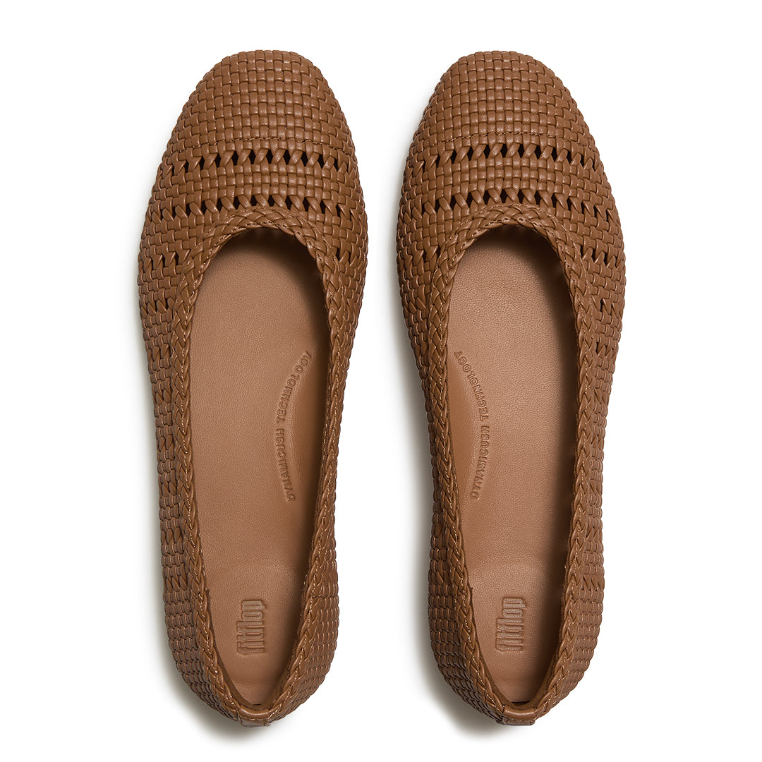 Top view of FitFlop DELICATO Woven PU Ballerinas highlighting the woven cut-out detailing, rounded toe, and contoured footbed.