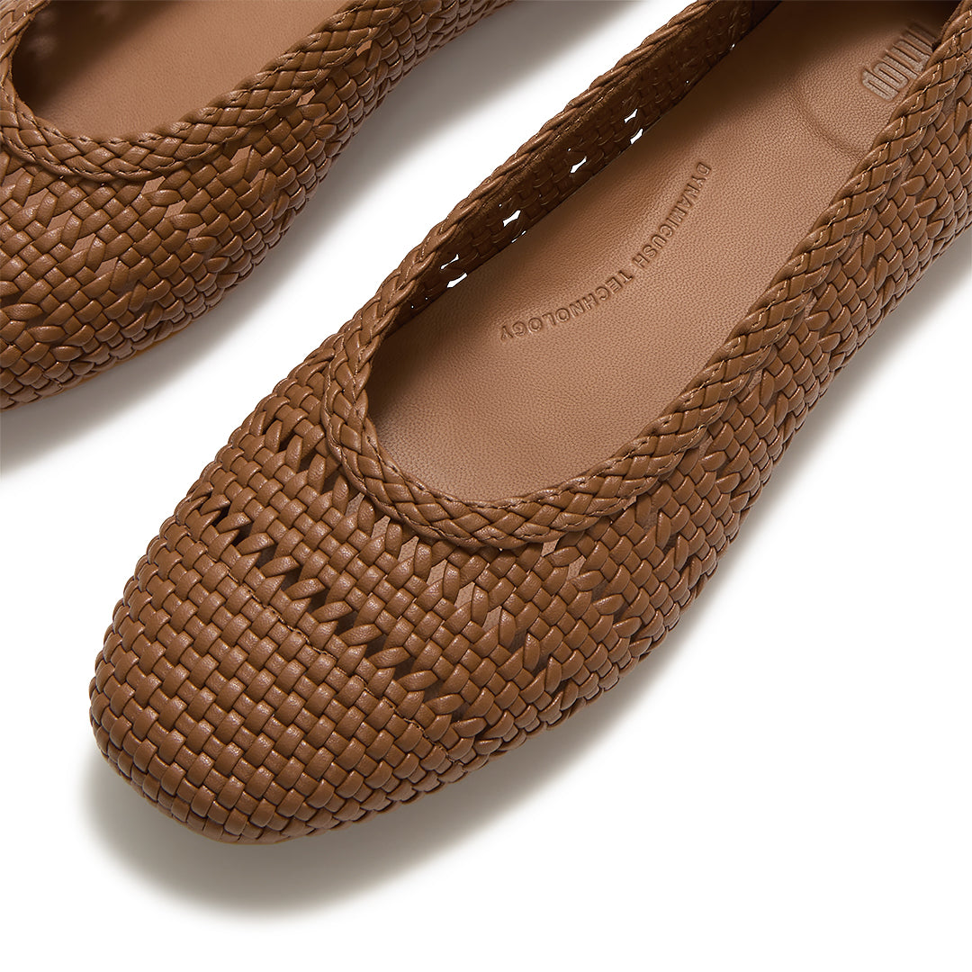 Close-up of FitFlop DELICATO Woven PU Ballerinas showcasing the woven faux-leather texture and refined craftsmanship.