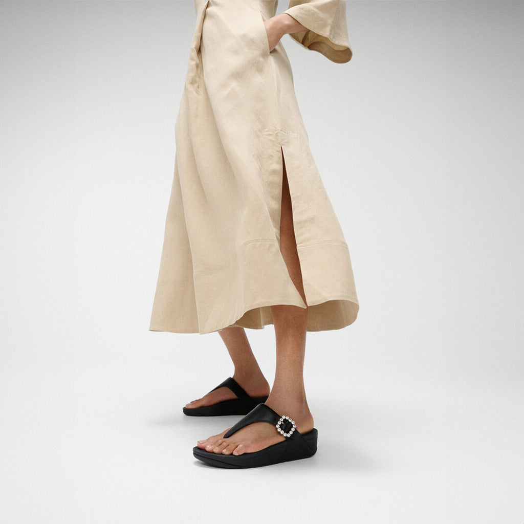 FitFlop Lulu sandals featuring ergonomic comfort and a shimmering crystal buckle detail