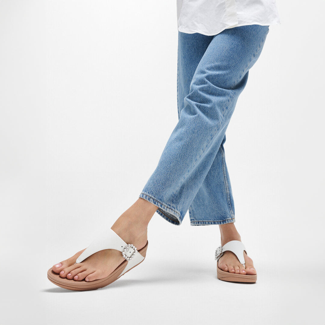 FitFlop Lulu sandals featuring ergonomic comfort and a shimmering crystal buckle detail