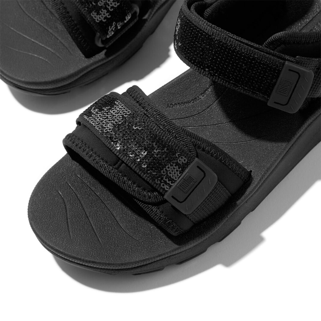 FitFlop NEO-D-HYKER sandals featuring sequin detail and ergonomic comfort, designed for both trails and city streets