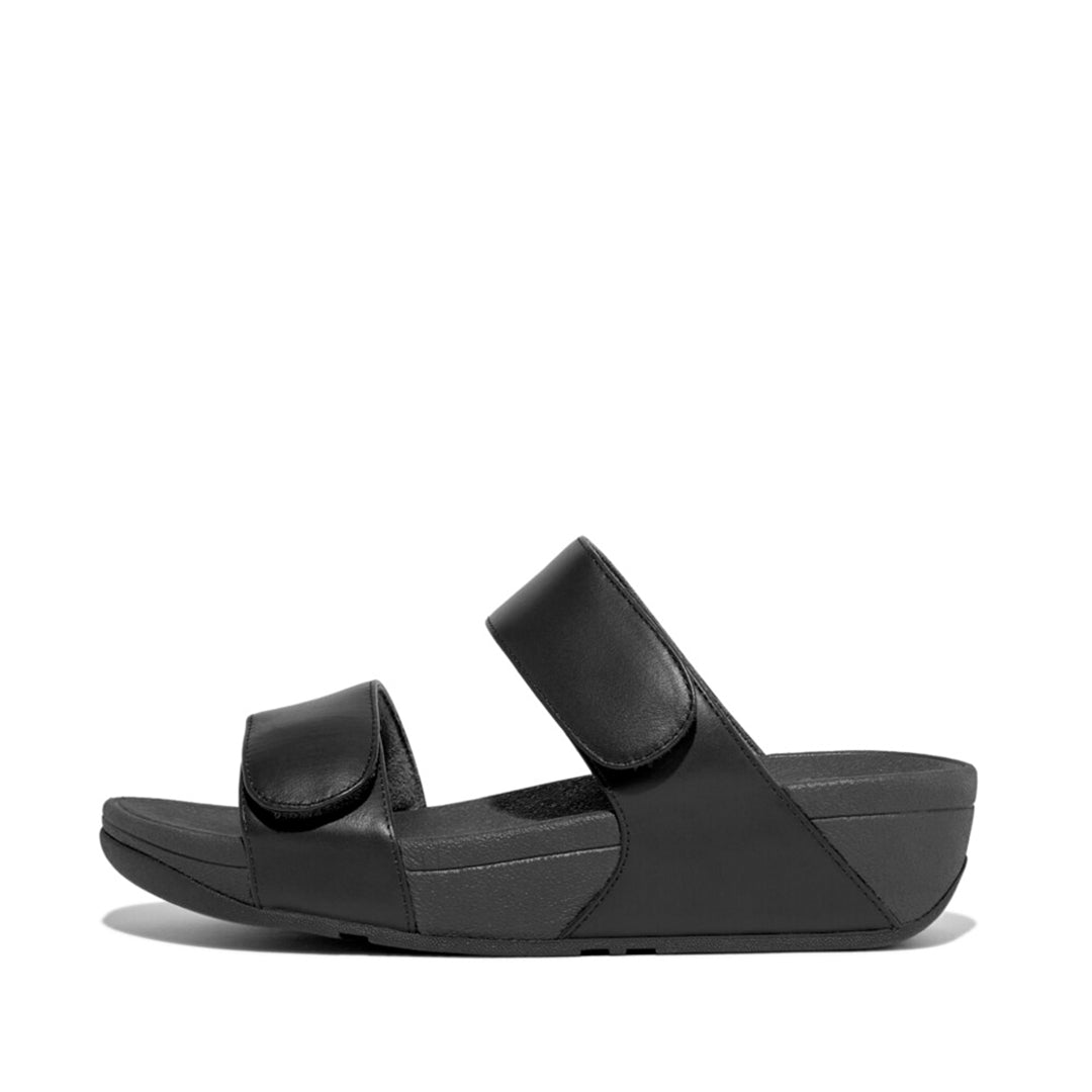 LULU adjustable leather slides with padded Microwobbleboard™ midsole, ergonomic arch support, and customizable touch straps for comfort.