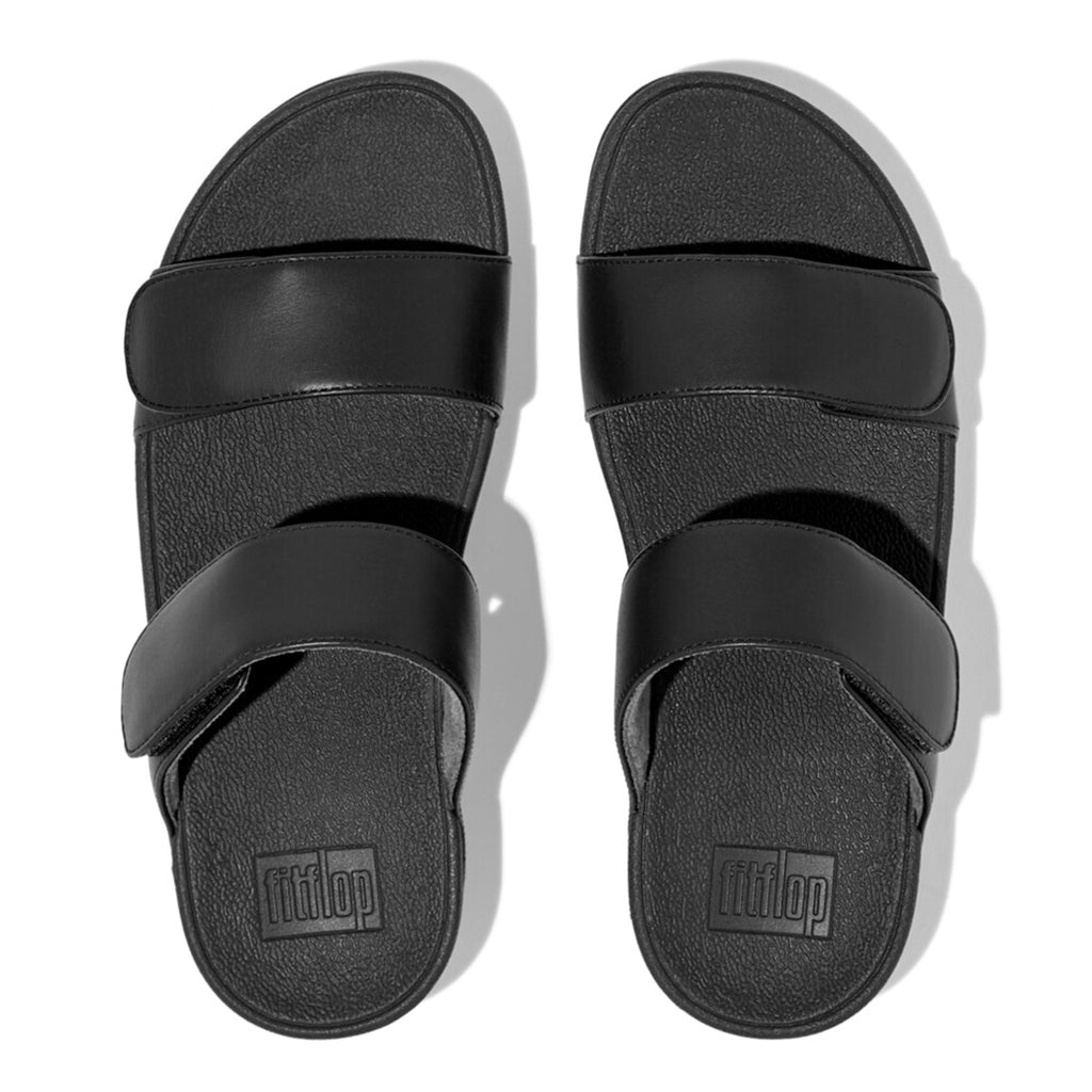 LULU adjustable leather slides with padded Microwobbleboard™ midsole, ergonomic arch support, and customizable touch straps for comfort.