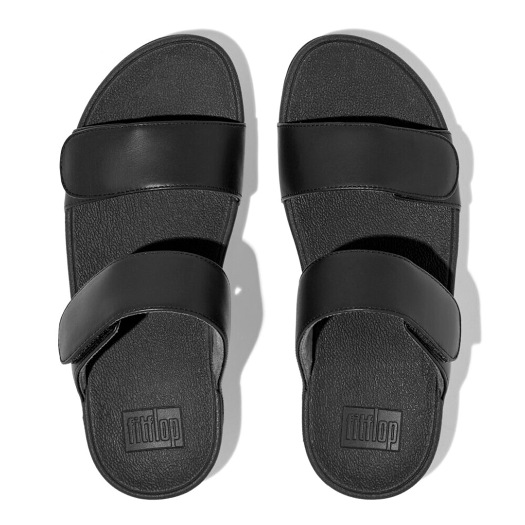 LULU adjustable leather slides with padded Microwobbleboard™ midsole, ergonomic arch support, and customizable touch straps for comfort.