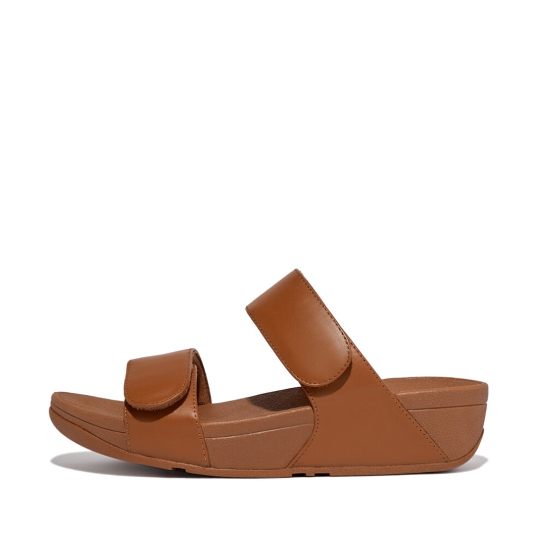 LULU adjustable leather slides with padded Microwobbleboard™ midsole, ergonomic arch support, and customizable touch straps for comfort.