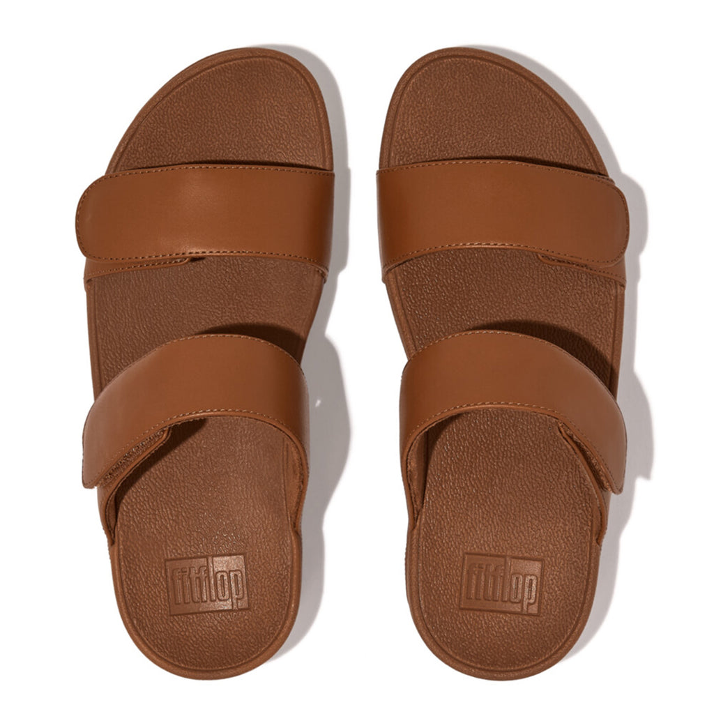 LULU adjustable leather slides with padded Microwobbleboard™ midsole, ergonomic arch support, and customizable touch straps for comfort.
