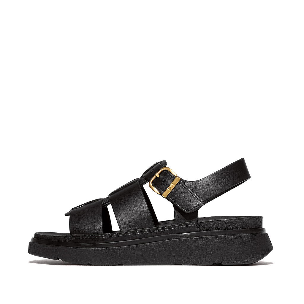 FitFlop GEN-FF Leather Fisherman Sandals Black Leather with woven straps, metal buckle and chunky cushioned sole.