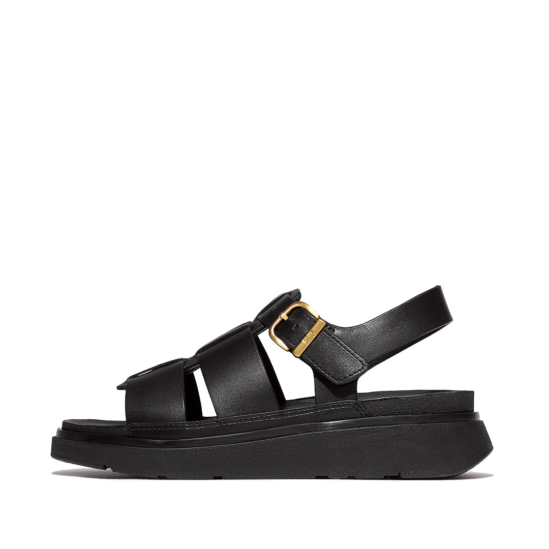 FitFlop GEN-FF Leather Fisherman Sandals Black Leather with woven straps, metal buckle and chunky cushioned sole.
