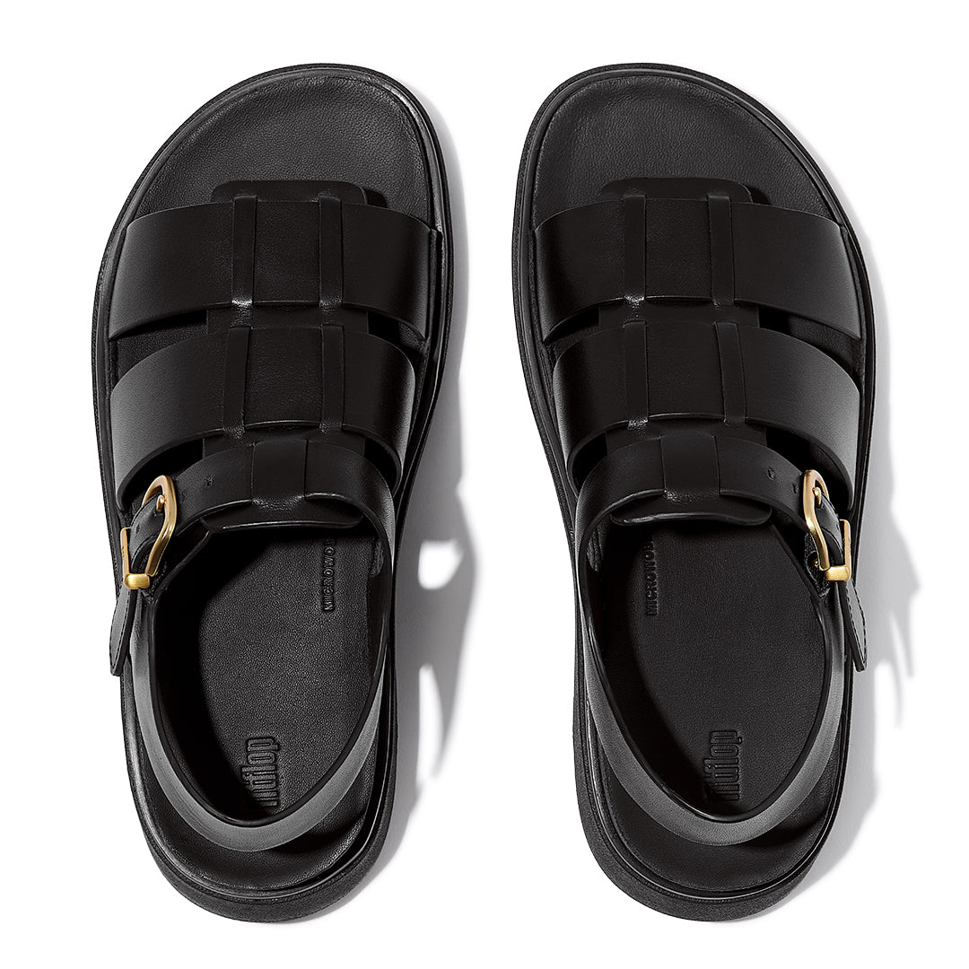 FitFlop GEN-FF Leather Fisherman Sandals Black Leather with woven straps, metal buckle and chunky cushioned sole.