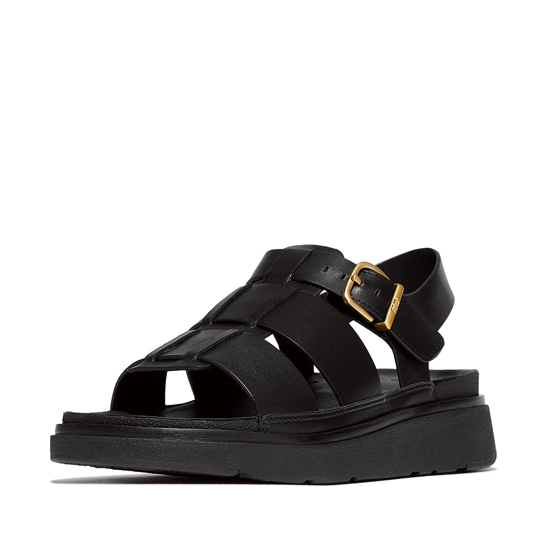 FitFlop GEN-FF Leather Fisherman Sandals Black Leather with woven straps, metal buckle and chunky cushioned sole.