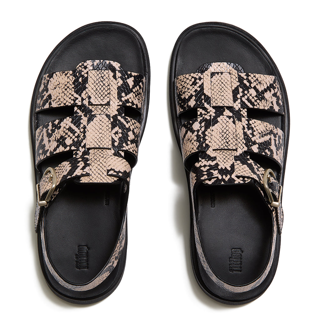 Top view of FitFlop GEN-FF Snake Fisherman Sandals highlighting the woven fisherman-style straps, textured snake pattern and contoured footbed.