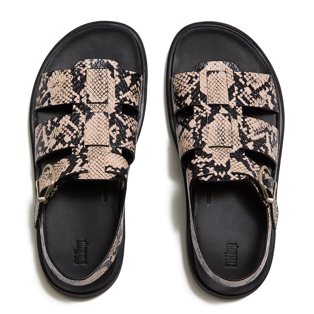 Top view of FitFlop GEN-FF Snake Fisherman Sandals highlighting the woven fisherman-style straps, textured snake pattern and contoured footbed.
