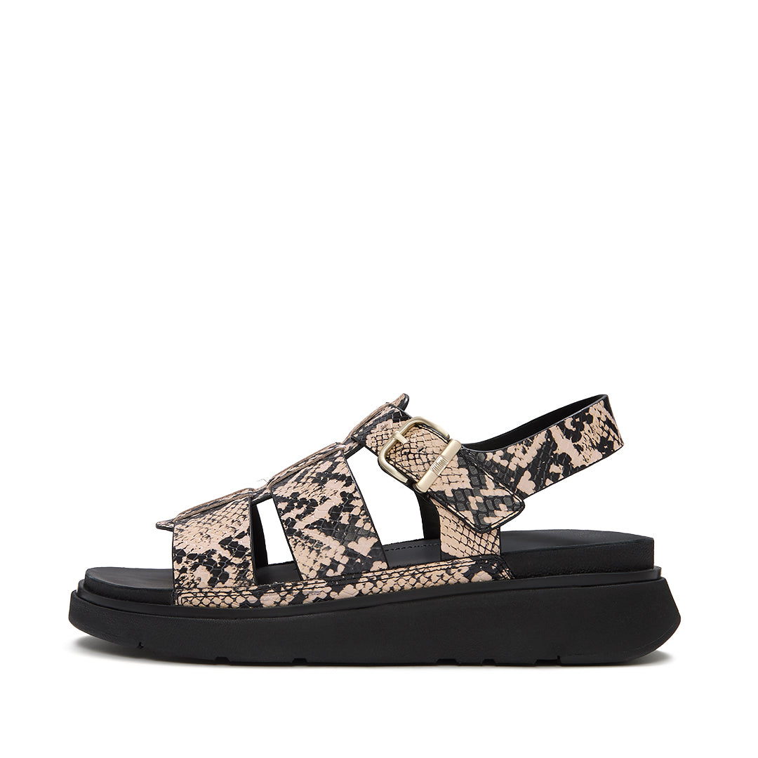 FitFlop GEN-FF Snake Fisherman Sandals featuring a textured snake pattern, strappy fisherman design, adjustable ankle buckle and cushioned sole.