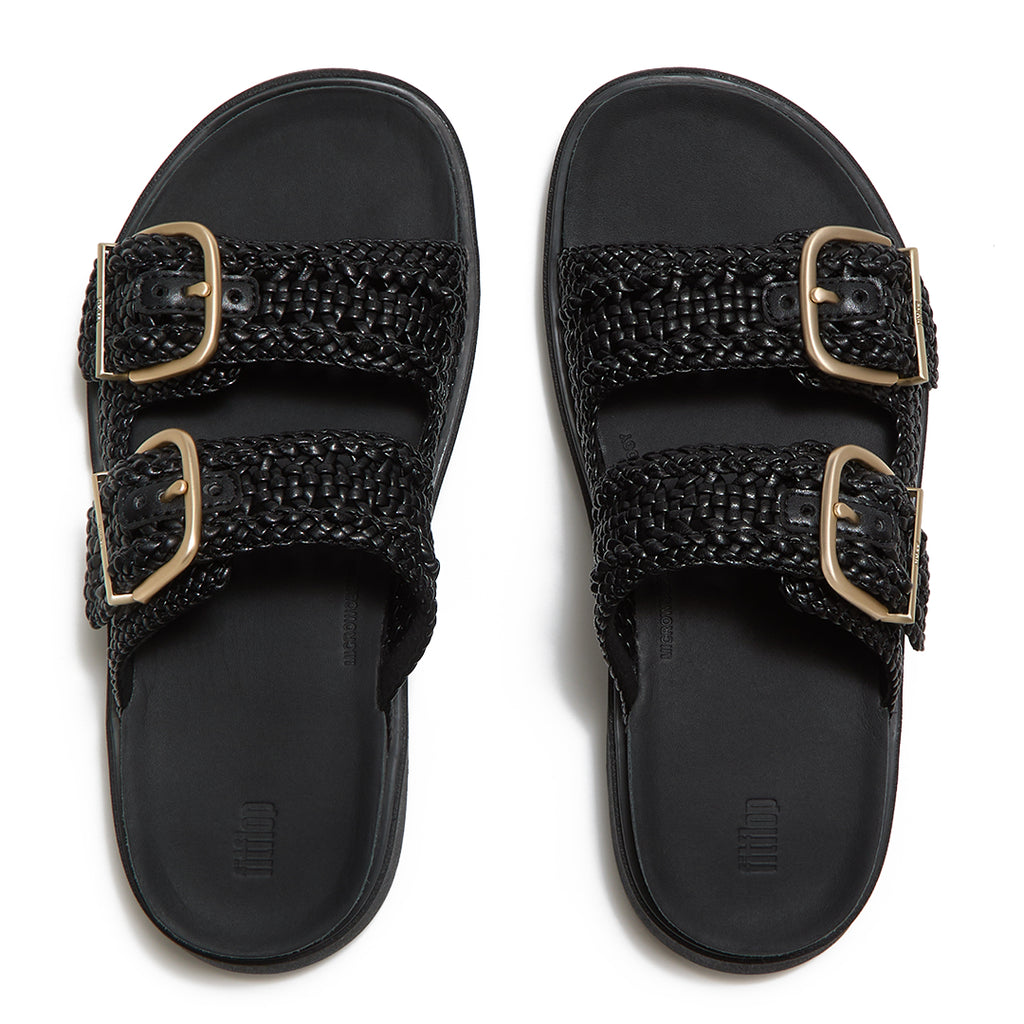 Top view of FitFlop GEN-FF Woven Two-Bar Slides highlighting the two woven straps, adjustable buckles and contoured footbed.