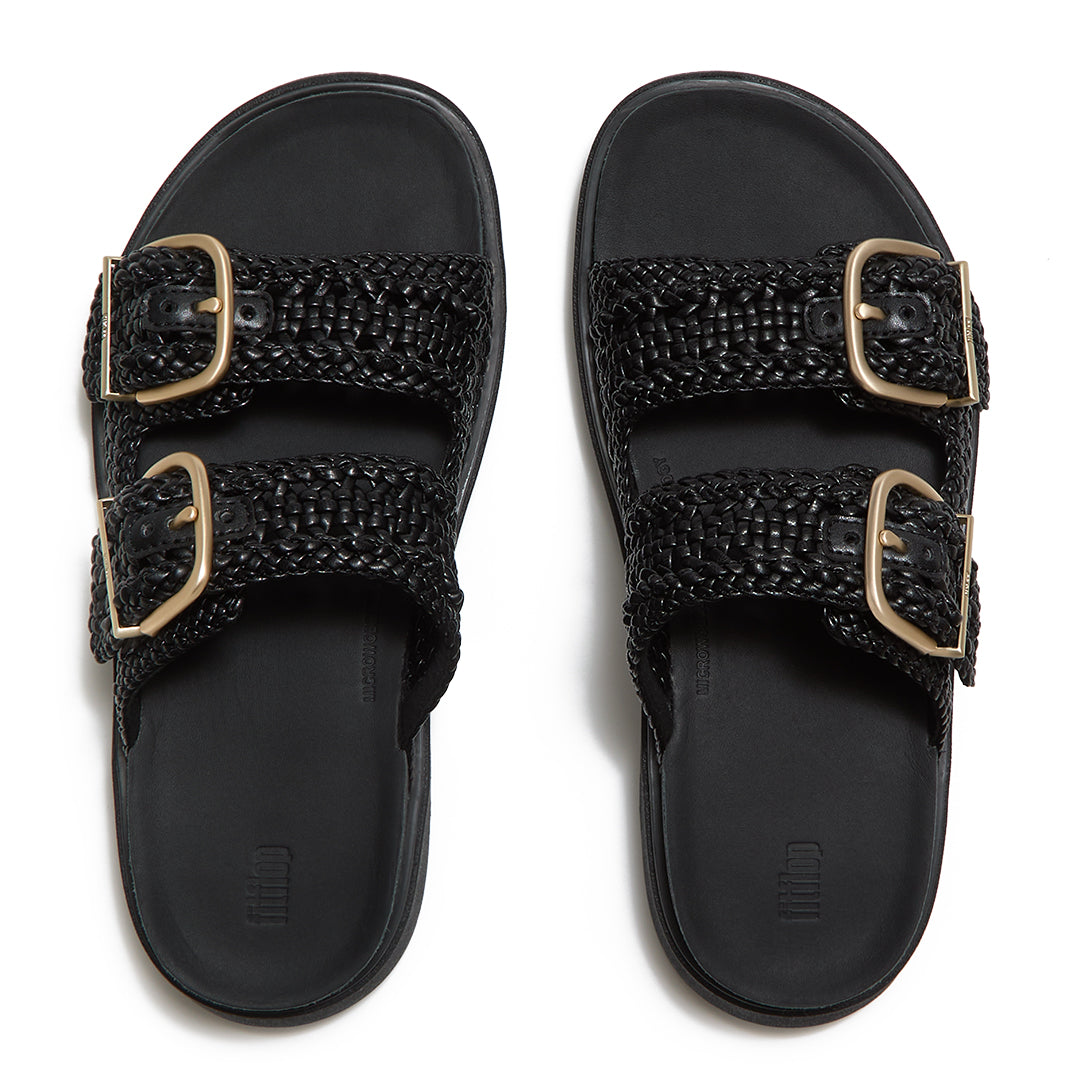Top view of FitFlop GEN-FF Woven Two-Bar Slides highlighting the two woven straps, adjustable buckles and contoured footbed.