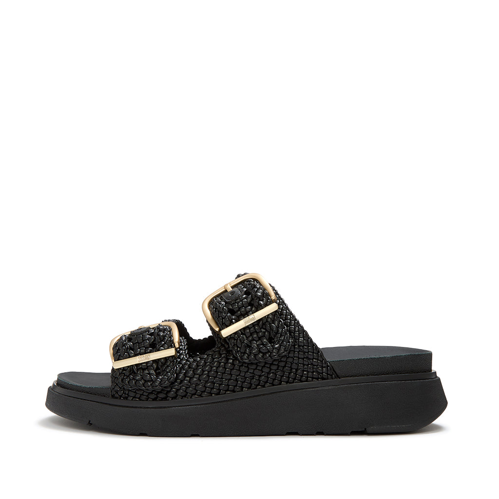 FitFlop GEN-FF Woven Two-Bar Slides featuring woven faux-leather, two adjustable buckle straps and a cushioned Microwobbleboard™ sole.