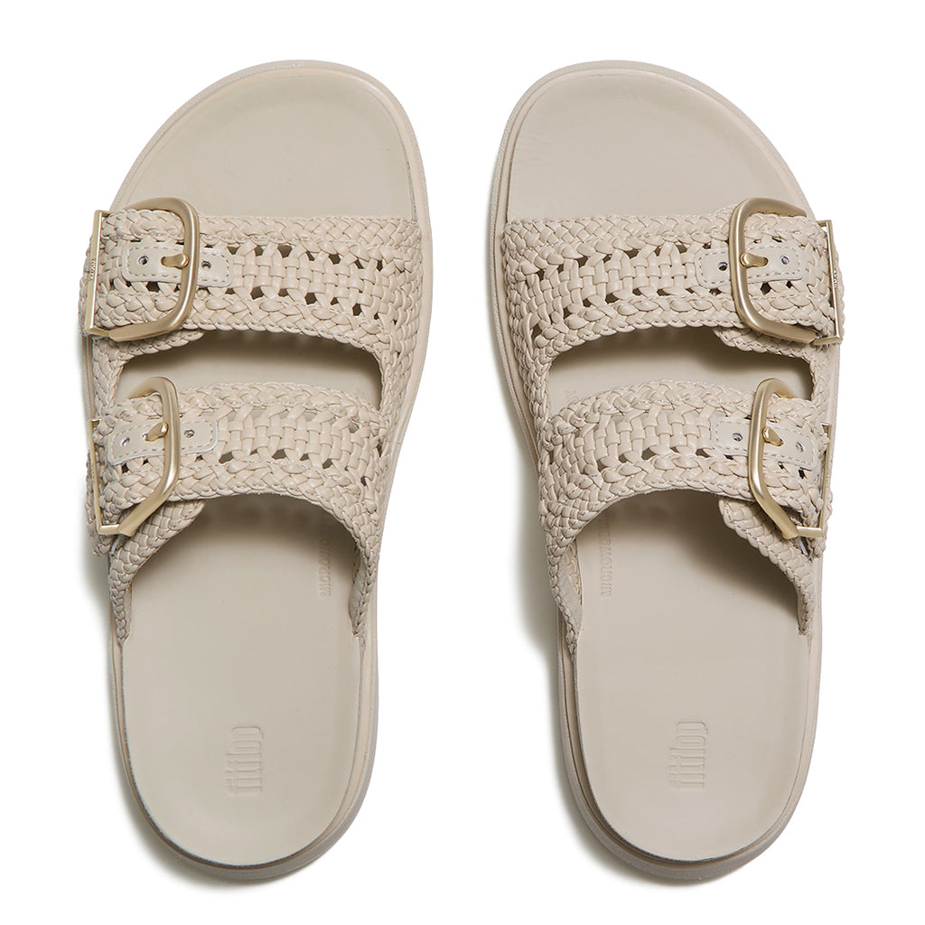 Top view of FitFlop GEN-FF Woven Two-Bar Slides highlighting the two woven straps, adjustable buckles and contoured footbed.