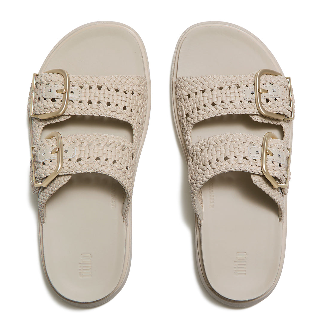 Top view of FitFlop GEN-FF Woven Two-Bar Slides highlighting the two woven straps, adjustable buckles and contoured footbed.