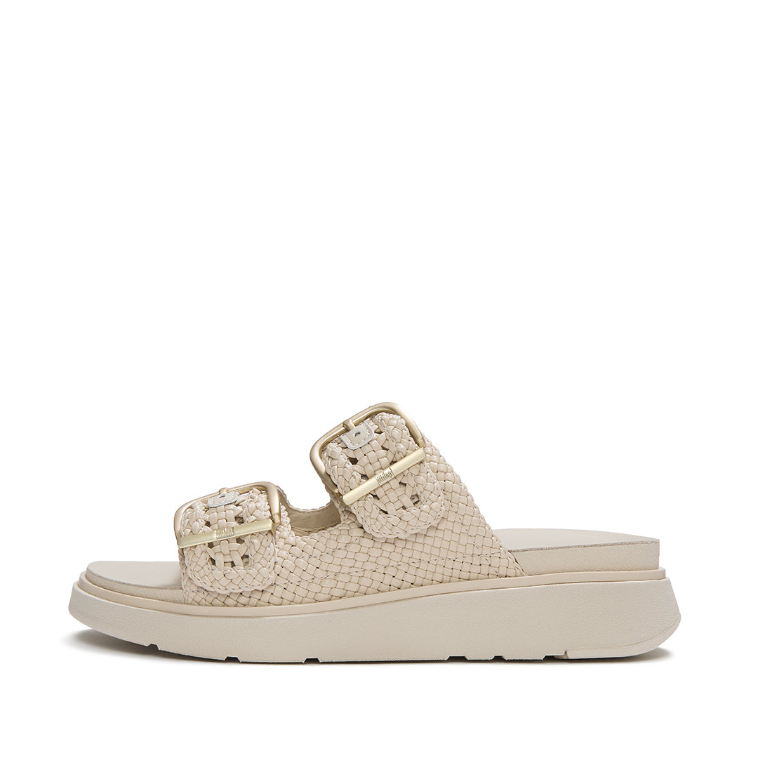 FitFlop GEN-FF Woven Two-Bar Slides featuring woven faux-leather, two adjustable buckle straps and a cushioned Microwobbleboard™ sole.