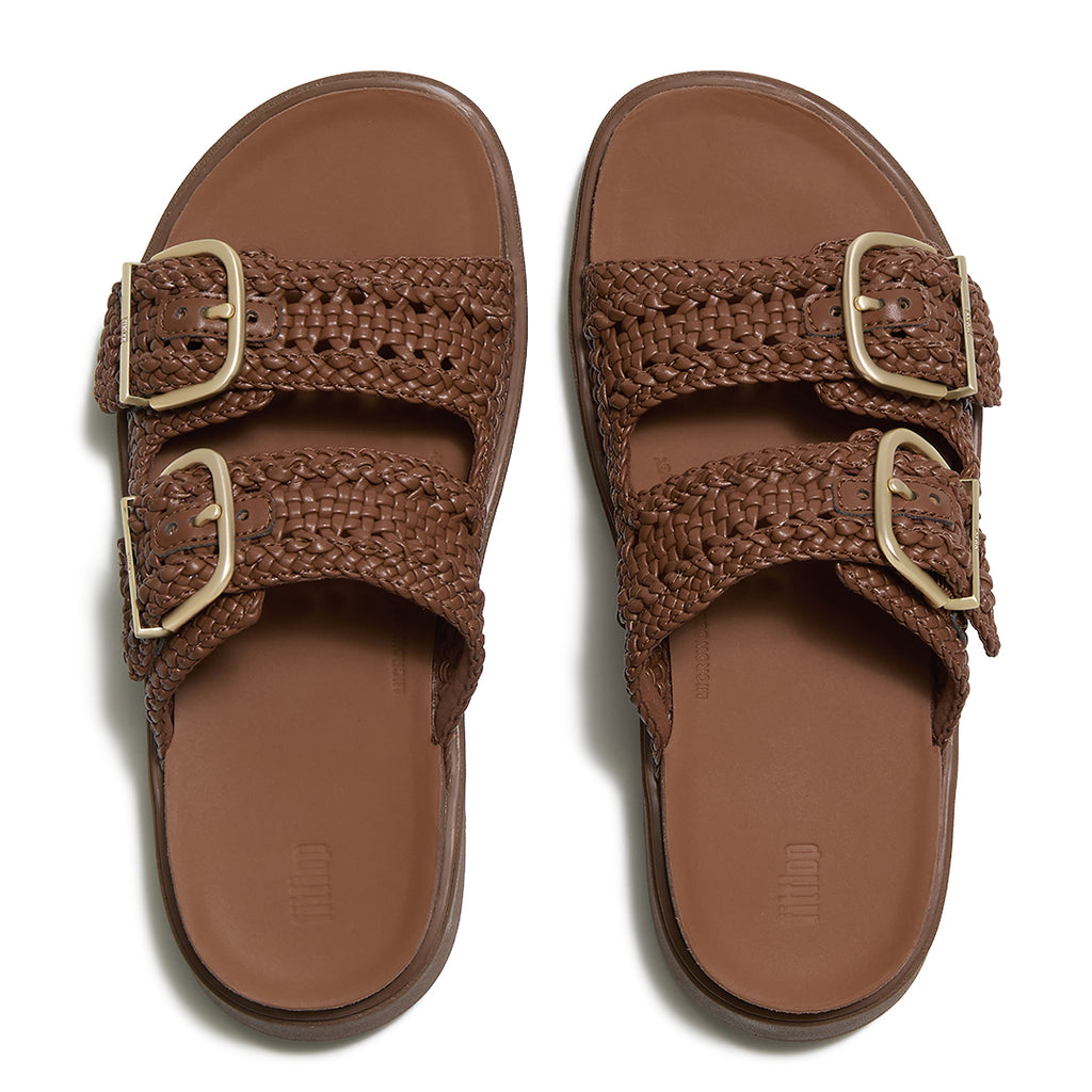 Top view of FitFlop GEN-FF Woven Two-Bar Slides highlighting the two woven straps, adjustable buckles and contoured footbed.